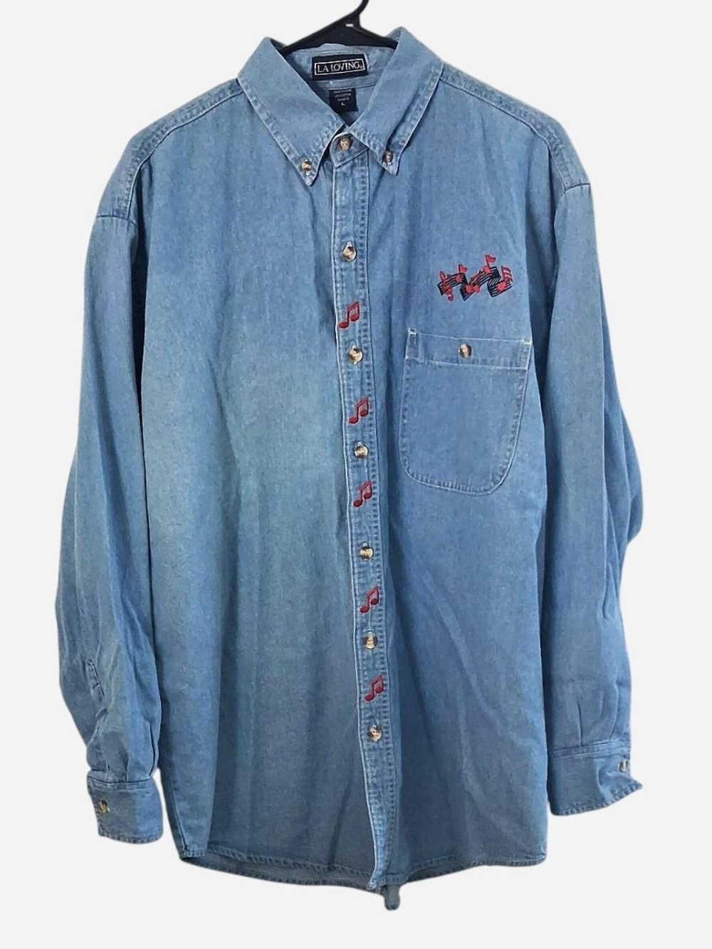 Women's Light Denim Button-Down Shirt with Red Embroidery Music Notes Teacher